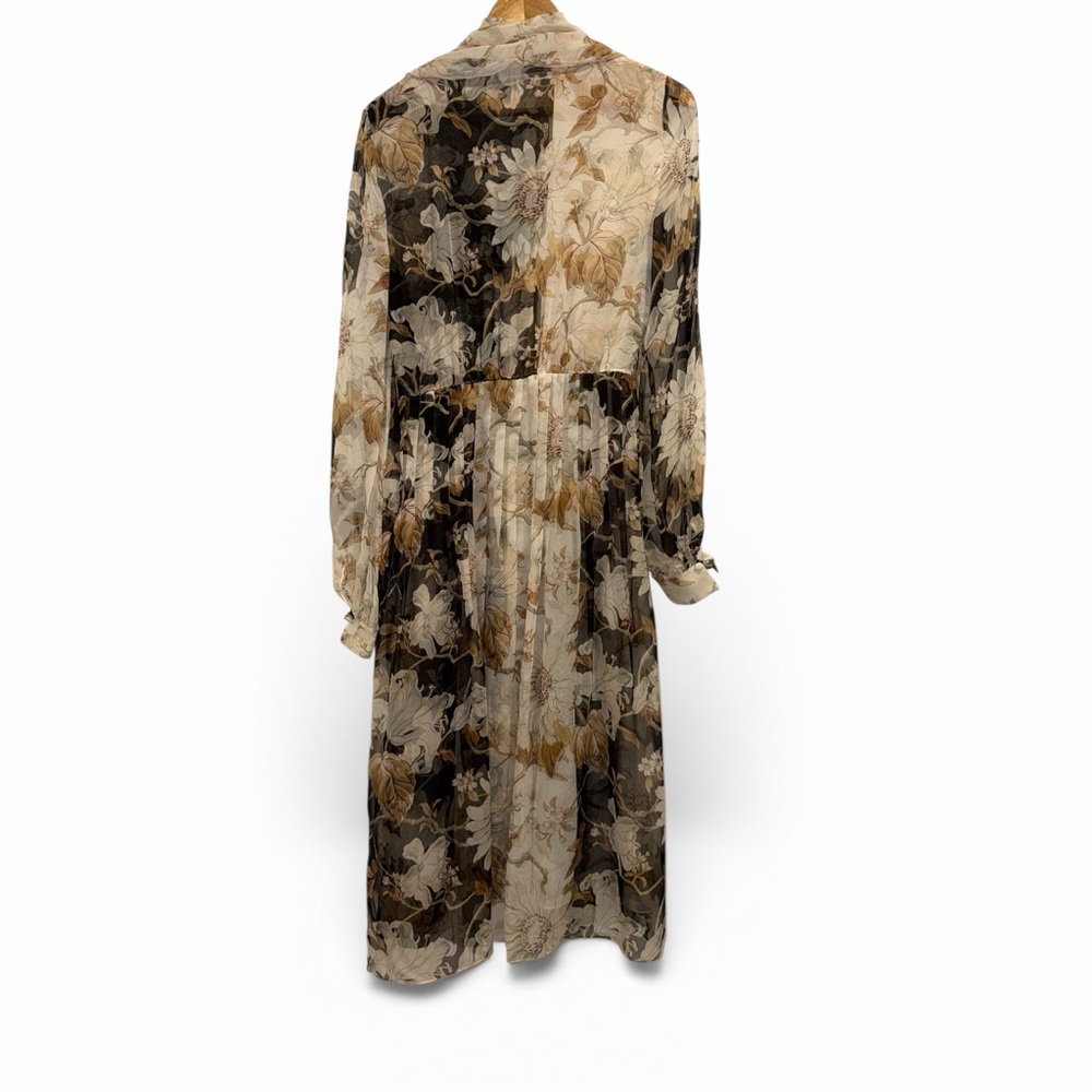 Oscar de la Renta Black Cream Midi Dress Silk Floral Tie Neck 6 Formal Wedding - Picture 9 of 15